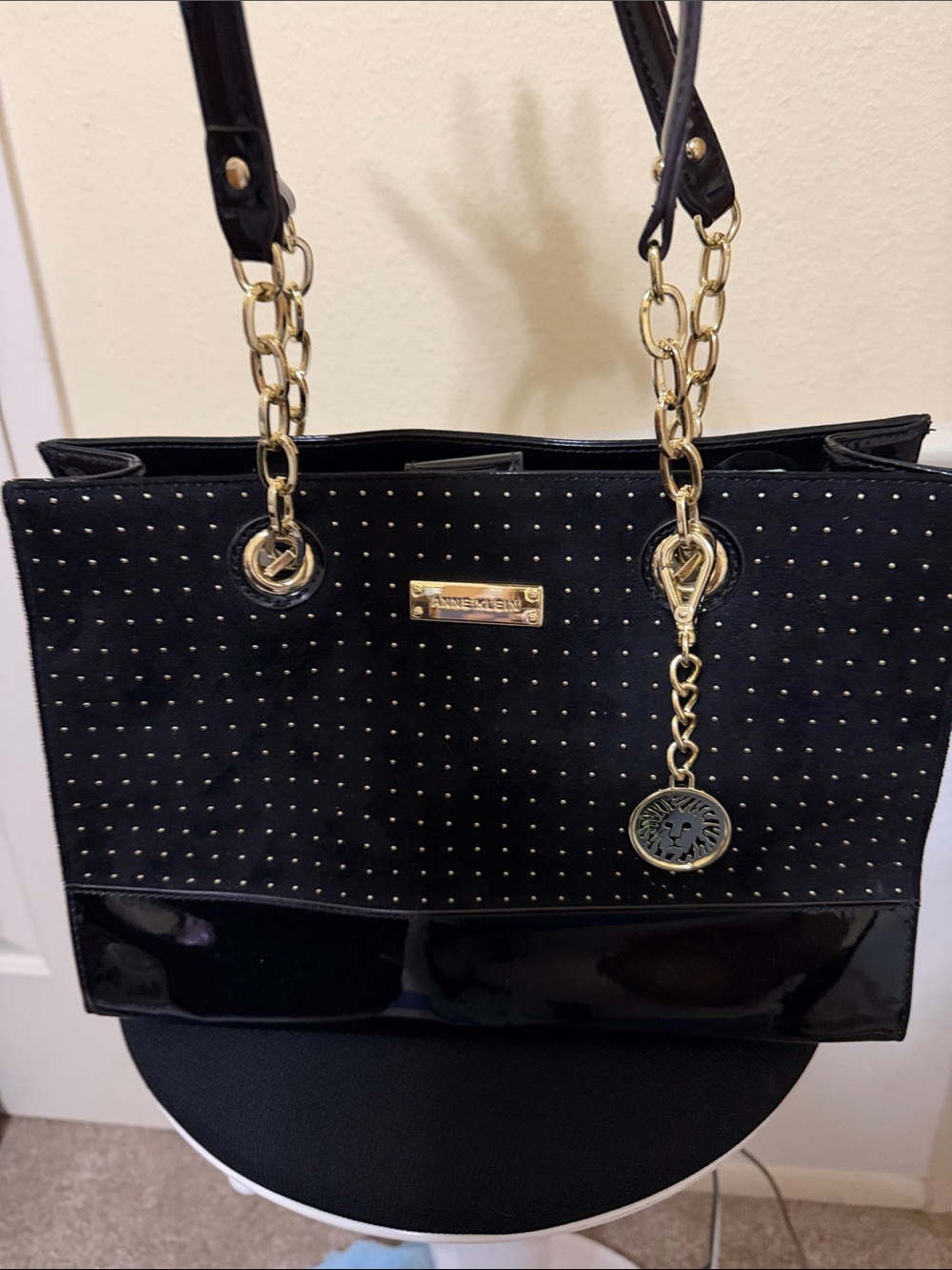 NWOT Anne Klein Black Studded Tote with Gold Hardware Charm